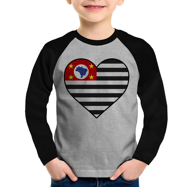 Camiseta Raglan Infantil São Paulo Bandeira Estado Coração Manga Longa - Cinza/Preto
