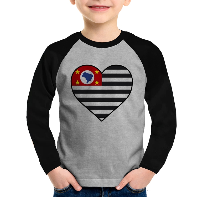 Camiseta Raglan Infantil São Paulo Bandeira Estado Coração Manga Longa - Cinza/Preto