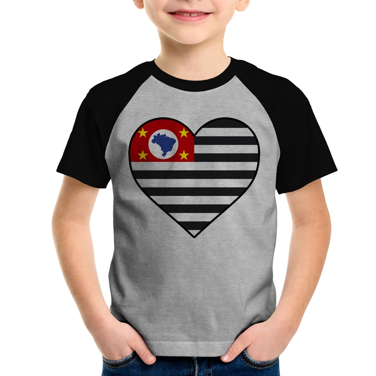 Camiseta Raglan Infantil São Paulo Bandeira Estado Coração - Cinza/Preto