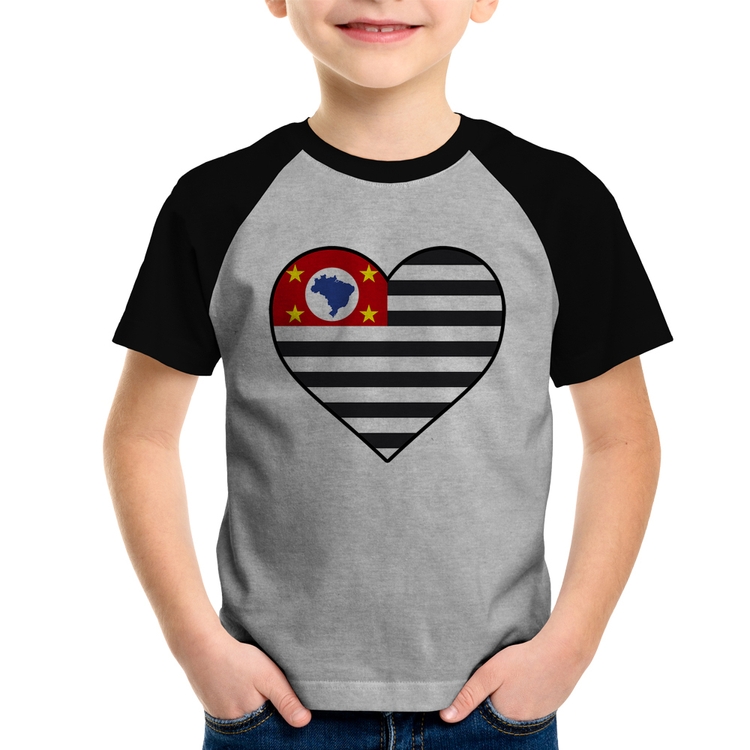 Camiseta Raglan Infantil São Paulo Bandeira Estado Coração - Cinza/Preto