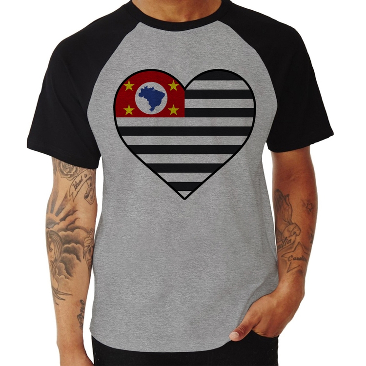 Camiseta Raglan São Paulo Bandeira Estado Coração - Cinza/Preto