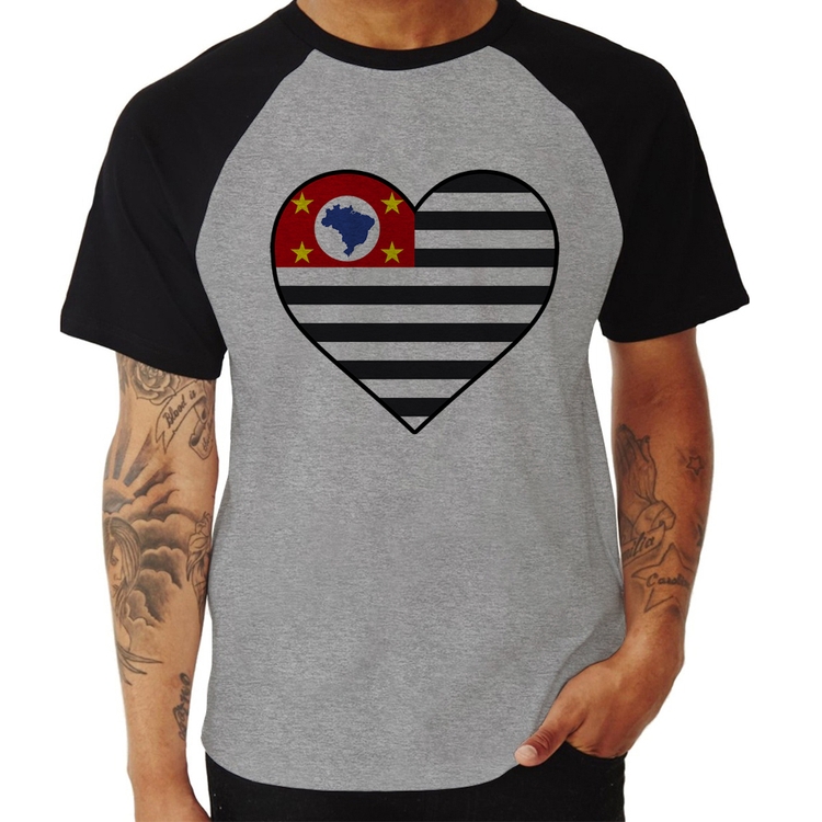 Camiseta Raglan São Paulo Bandeira Estado Coração - Cinza/Preto