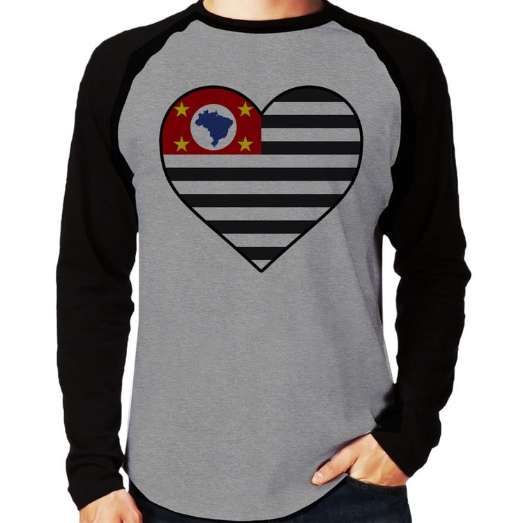 Camiseta Raglan São Paulo Bandeira Estado Coração Manga Longa - Cinza/Preto