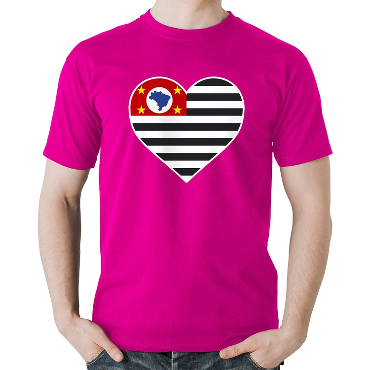Camiseta Algodão São Paulo Bandeira Estado Coração - Rosa