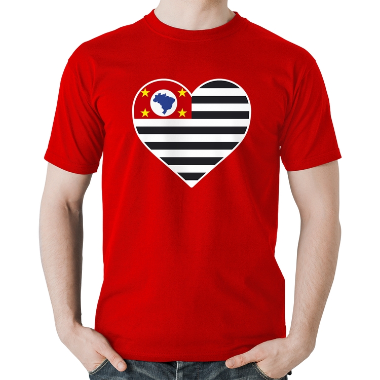 Camiseta Algodão São Paulo Bandeira Estado Coração - Vermelha