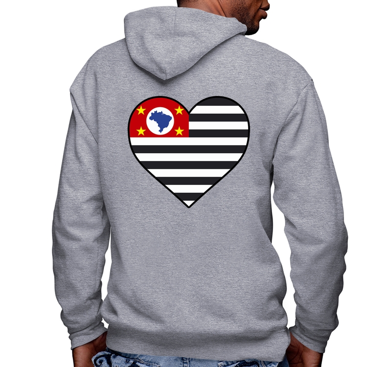 Blusa Moletom São Paulo Bandeira Estado Coração Masculina com Capuz e Zíper - Mescla