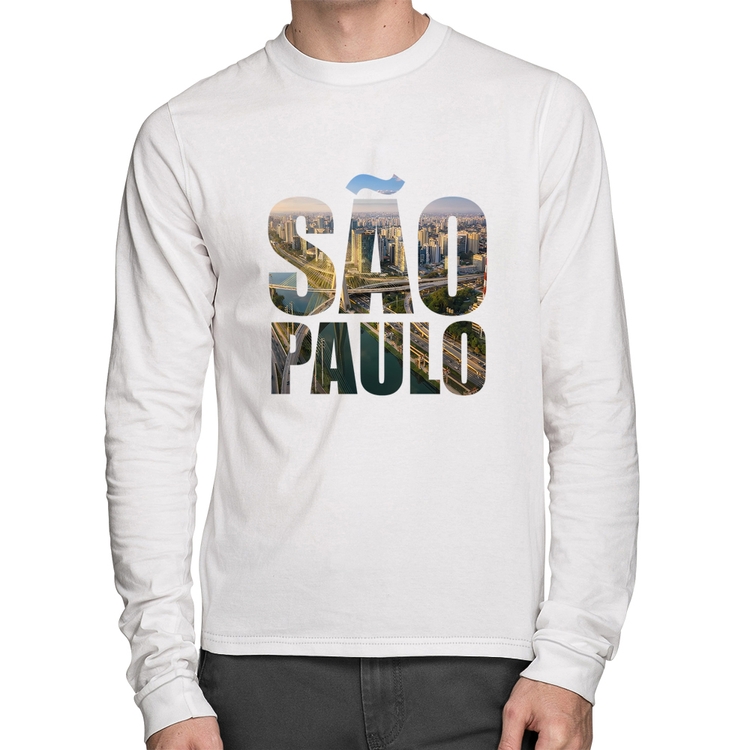 Camiseta Algodão São Paulo Cidade Letras Manga Longa - Branca