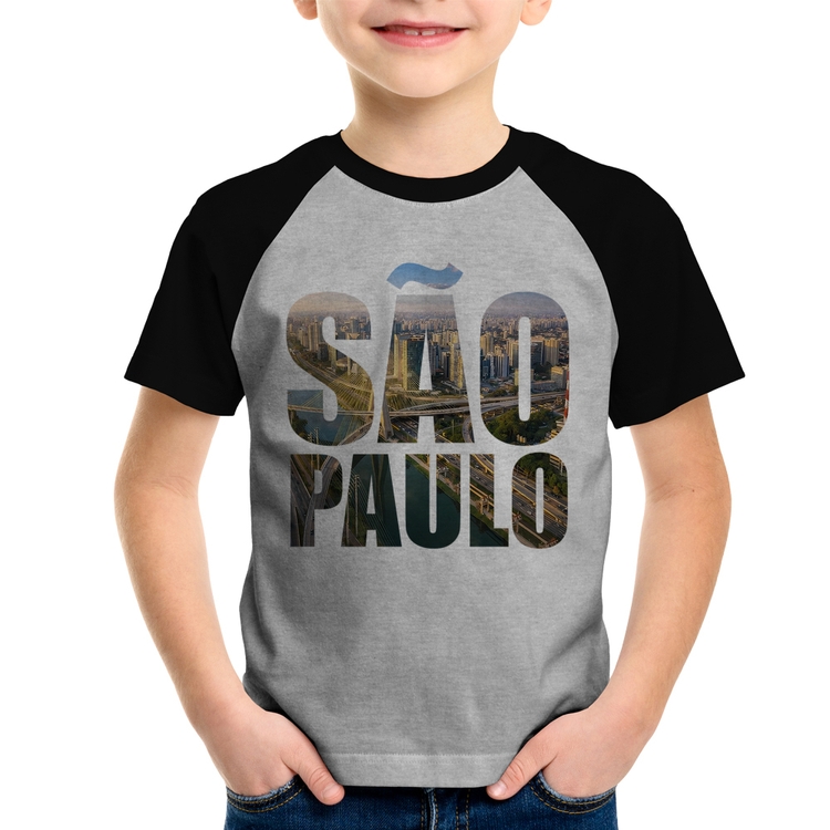 Camiseta Raglan Infantil São Paulo Cidade Letras - Cinza/Preto