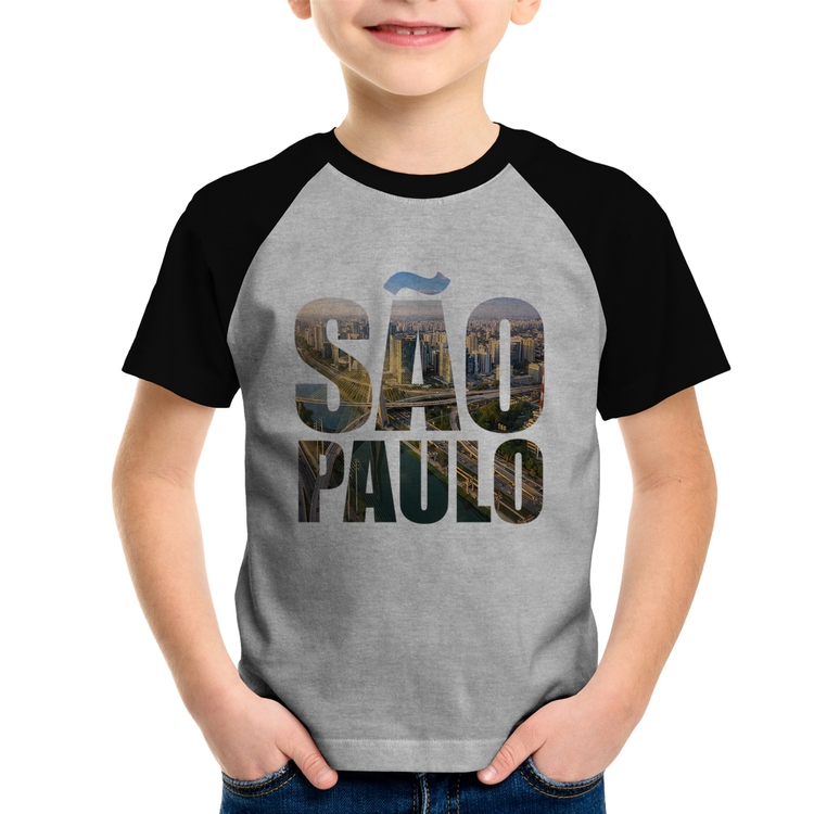 Camiseta Raglan Infantil São Paulo Cidade Letras - Cinza/Preto