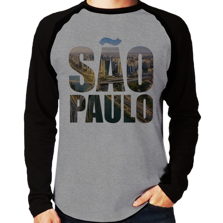 Camiseta Raglan São Paulo Cidade Letras Manga Longa - Cinza/Preto