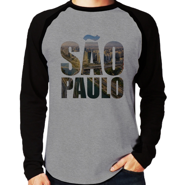 Camiseta Raglan São Paulo Cidade Letras Manga Longa - Cinza/Preto