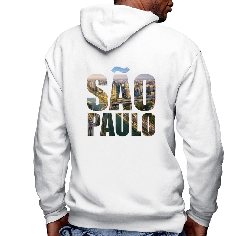 Blusa Moletom São Paulo Cidade Letras Masculina com Capuz e Zíper - Branca