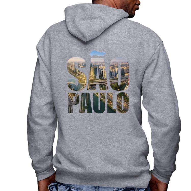 Blusa Moletom São Paulo Cidade Letras Masculina com Capuz e Zíper - Mescla