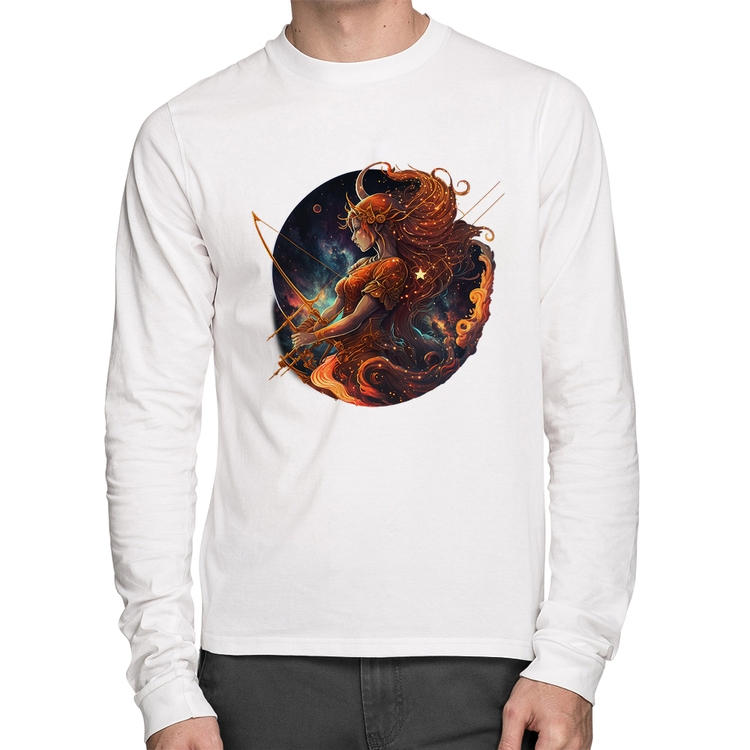 Camiseta Algodão Sagitário Sígno Manga Longa - Branca