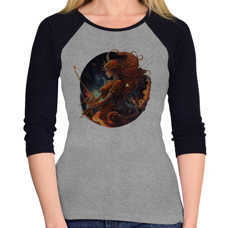 Baby Look Raglan Sagitário Sígno Manga 3/4 - Cinza/Preto