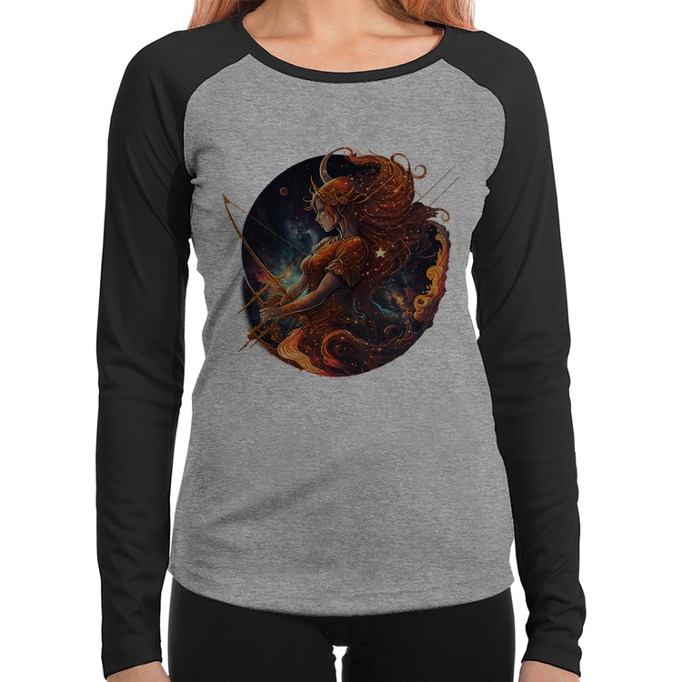 Baby Look Raglan Sagitário Sígno Manga Longa - Cinza/Preto