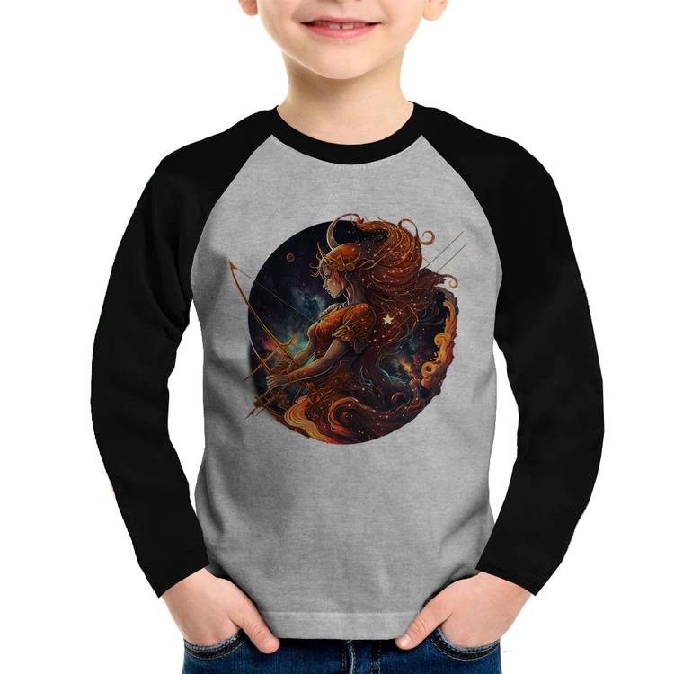 Camiseta Raglan Infantil Sagitário Sígno Manga Longa - Cinza/Preto