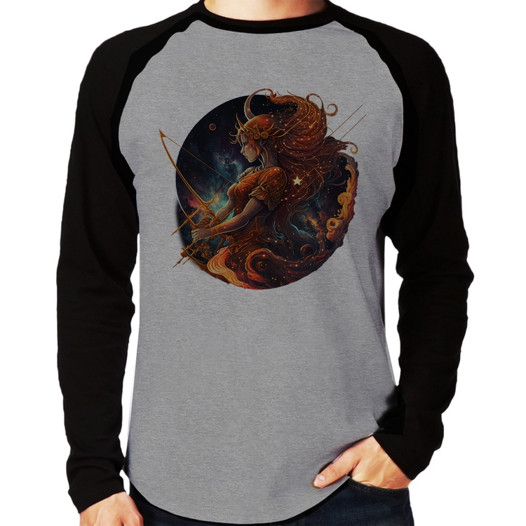 Camiseta Raglan Sagitário Sígno Manga Longa - Cinza/Preto