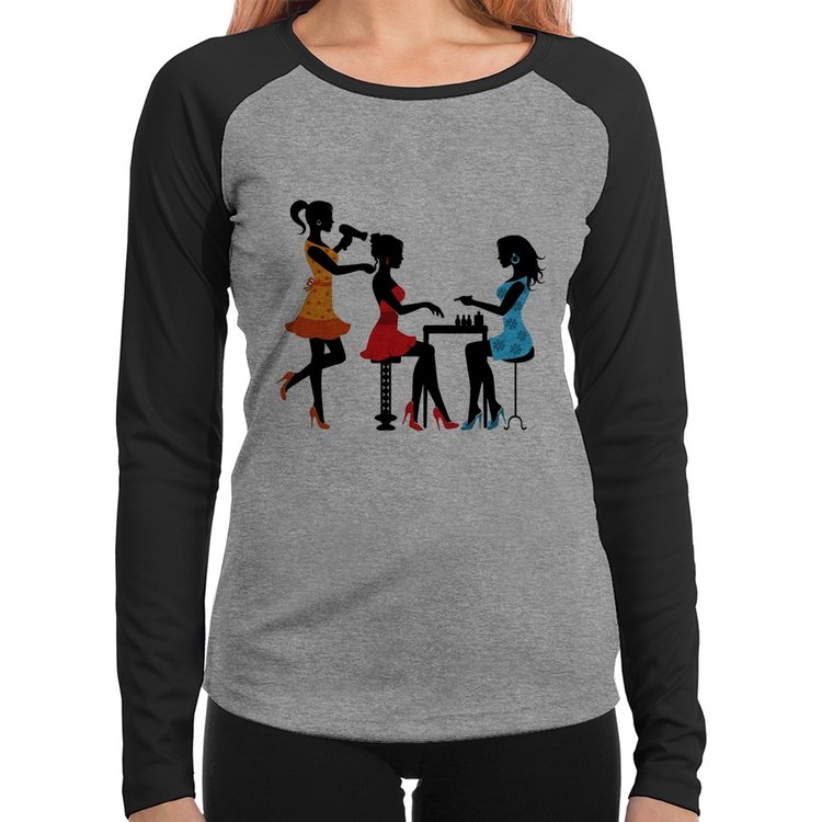 Baby Look Raglan Salão de Beleza Cabeleireira e Manicure Manga Longa - Cinza/Preto