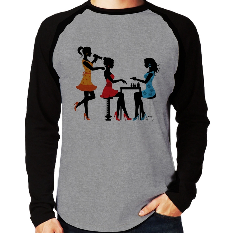 Camiseta Raglan Salão de Beleza Cabeleireira e Manicure Manga Longa - Cinza/Preto