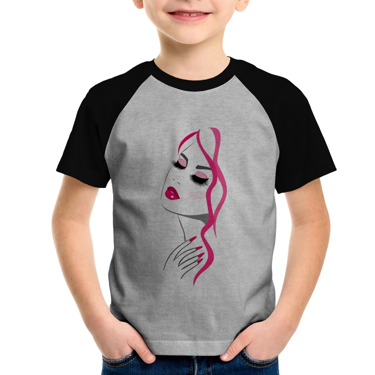 Camiseta Raglan Infantil Salão De Beleza Maquiagem - Cinza/Preto