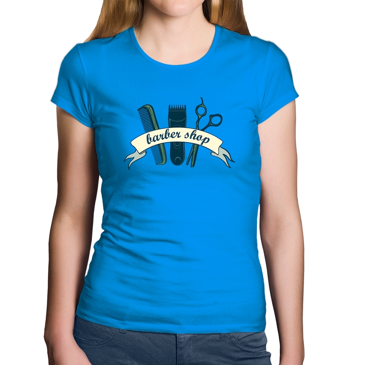 Baby Look Algodão Salão Masculino Barber Shop - Azul