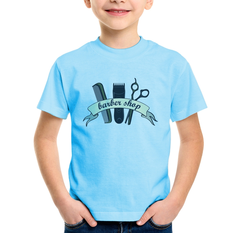Camiseta Infantil Salão Masculino Barber Shop - Azul Bebê