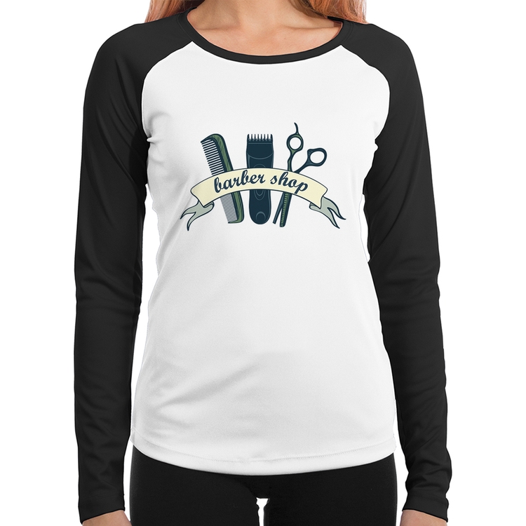 Baby Look Raglan Salão Masculino Barber Shop Manga Longa