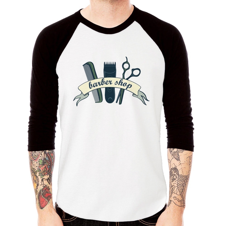 Camiseta Raglan Salão Masculino Barber Shop Manga 3/4