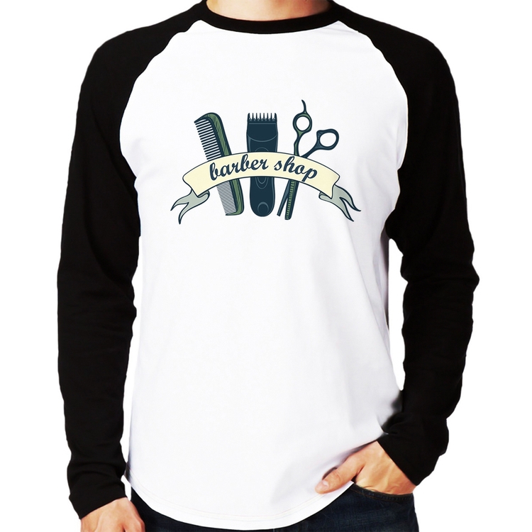 Camiseta Raglan Salão Masculino Barber Shop Manga Longa