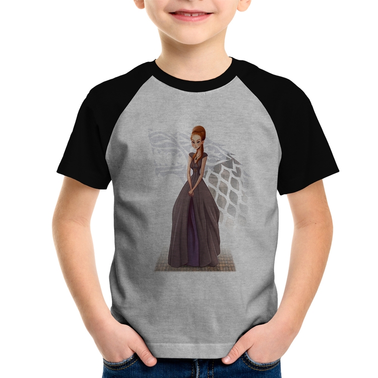 Camiseta Raglan Infantil Sansa Stark Art - Cinza/Preto