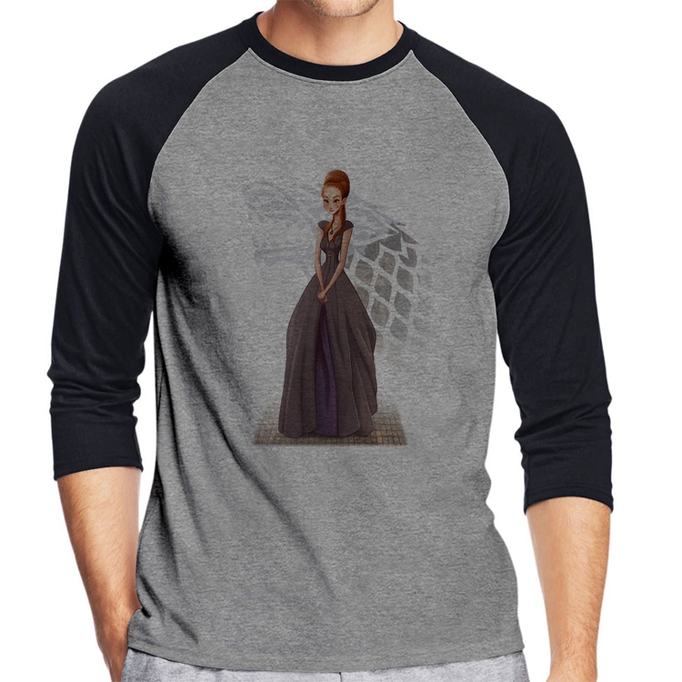 Camiseta Raglan Sansa Stark Art Manga 3/4 - Cinza/Preto