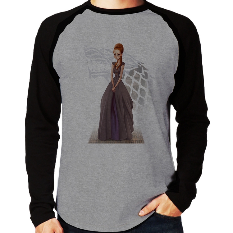 Camiseta Raglan Sansa Stark Art Manga Longa - Cinza/Preto