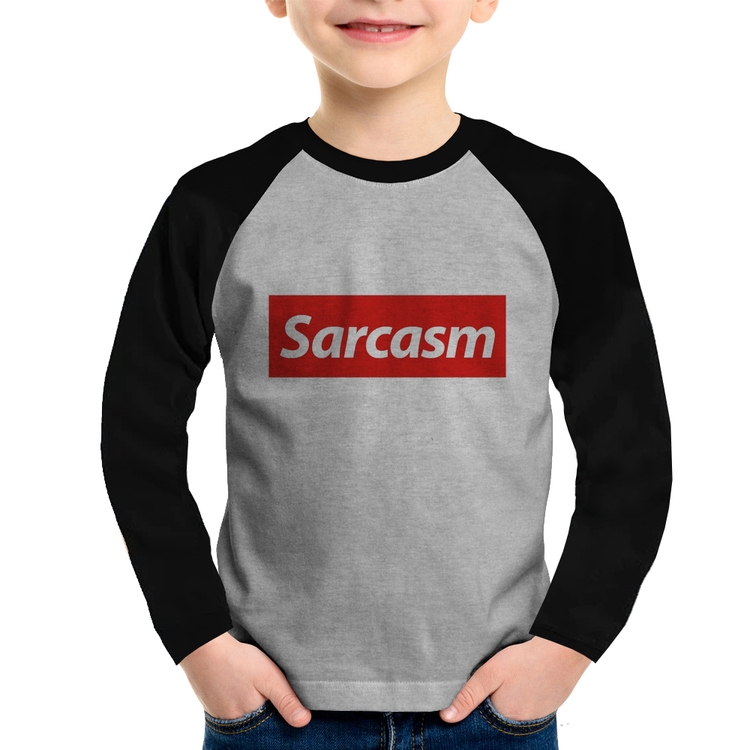 Camiseta Raglan Infantil Sarcasm Manga Longa - Cinza/Preto