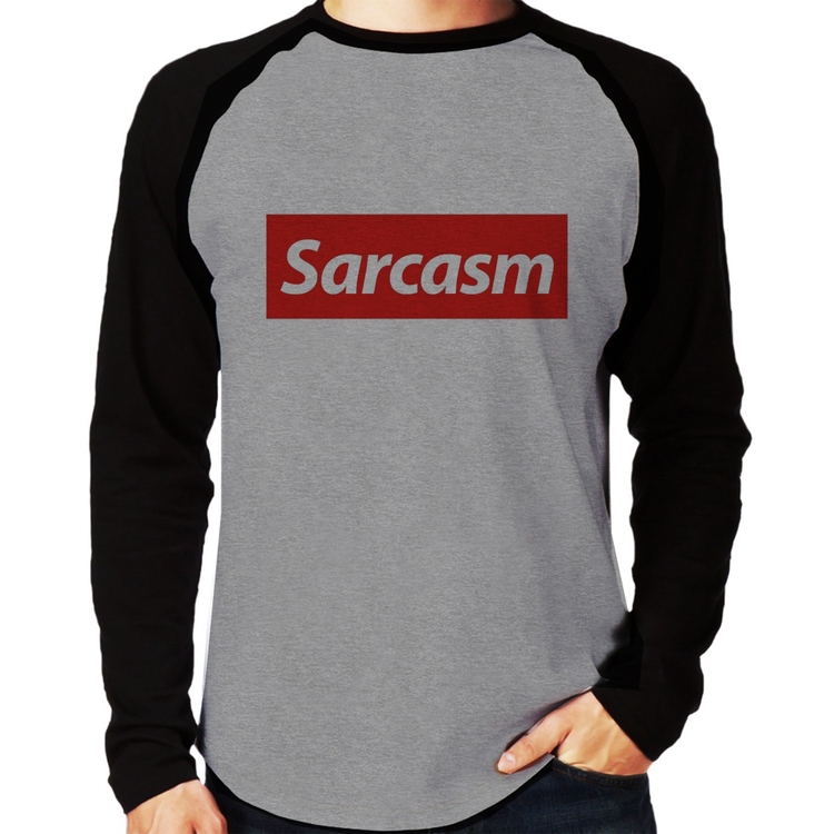 Camiseta Raglan Sarcasm Manga Longa - Cinza/Preto