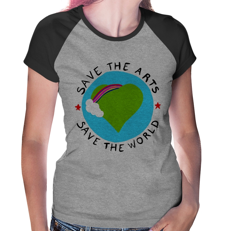 Baby Look Raglan Save The Arts Save The World - Cinza/Preto