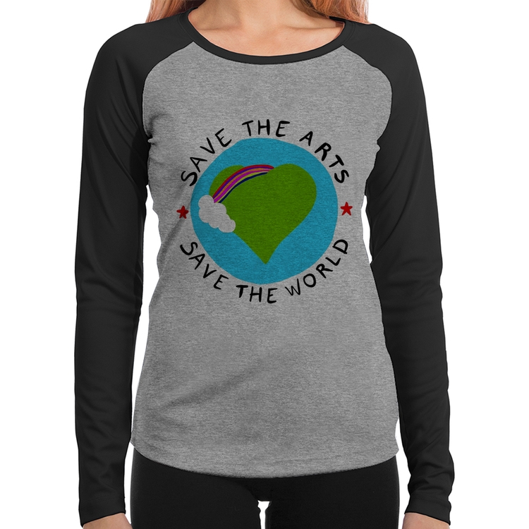 Baby Look Raglan Save The Arts Save The World Manga Longa - Cinza/Preto