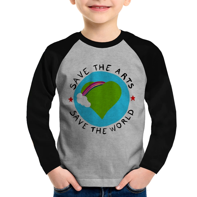Camiseta Raglan Infantil Save The Arts Save The World Manga Longa - Cinza/Preto