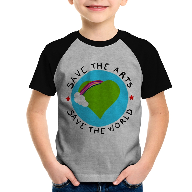 Camiseta Raglan Infantil Save The Arts Save The World - Cinza/Preto