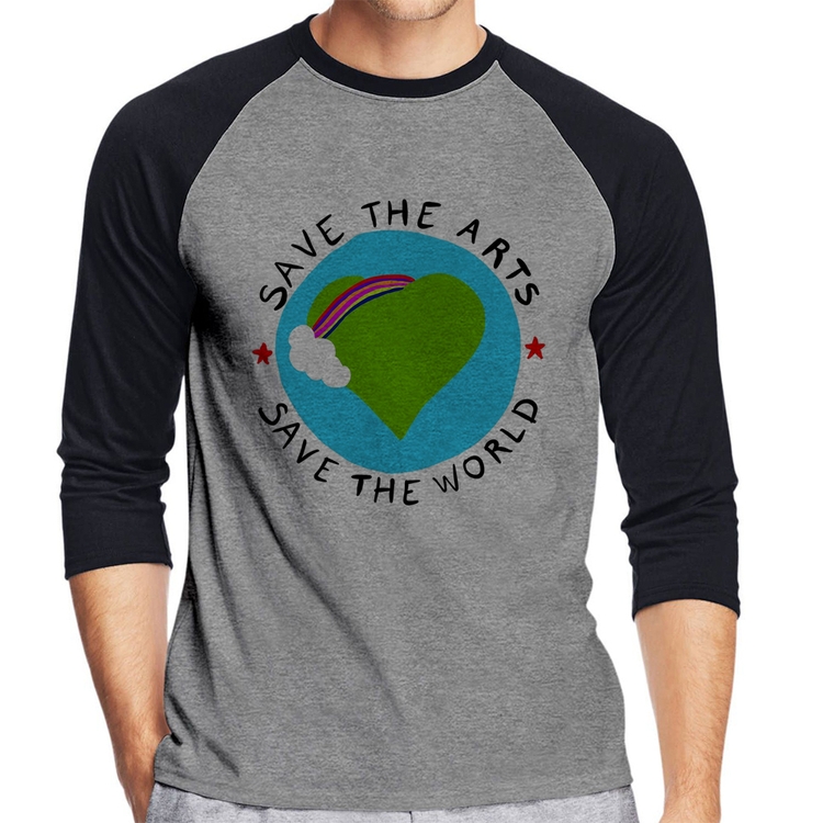 Camiseta Raglan Save The Arts Save The World Manga 3/4 - Cinza/Preto
