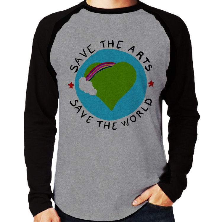 Camiseta Raglan Save The Arts Save The World Manga Longa - Cinza/Preto