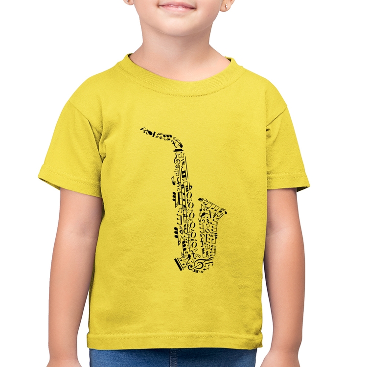 Camiseta Algodão Infantil Saxofone Notas Musicais - Amarelo Canário
