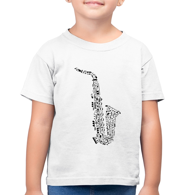 Camiseta Algodão Infantil Saxofone Notas Musicais - Branca