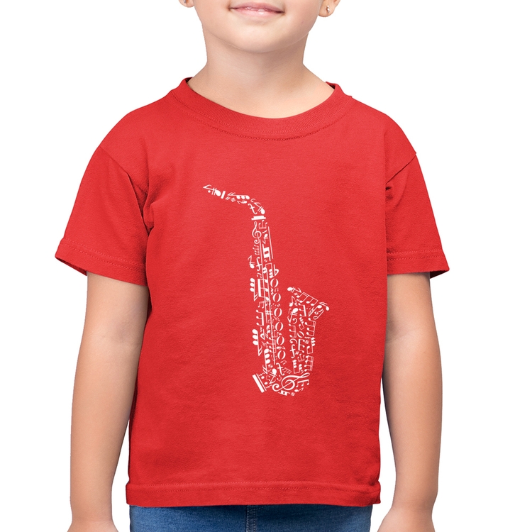 Camiseta Algodão Infantil Saxofone Notas Musicais - Vermelha