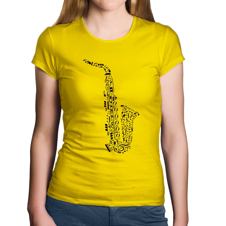 Baby Look Algodão Saxofone Notas Musicais - Amarela