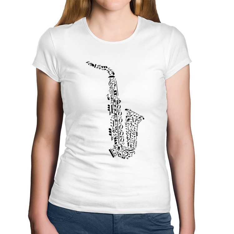 Baby Look Algodão Saxofone Notas Musicais - Branca