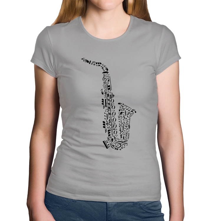 Baby Look Algodão Saxofone Notas Musicais - Cinza