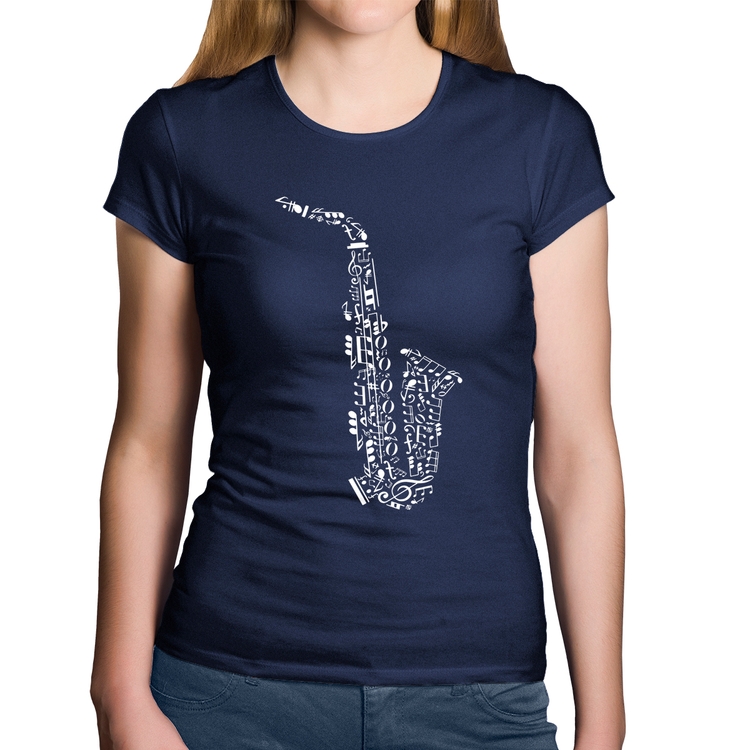 Baby Look Algodão Saxofone Notas Musicais - Marinho