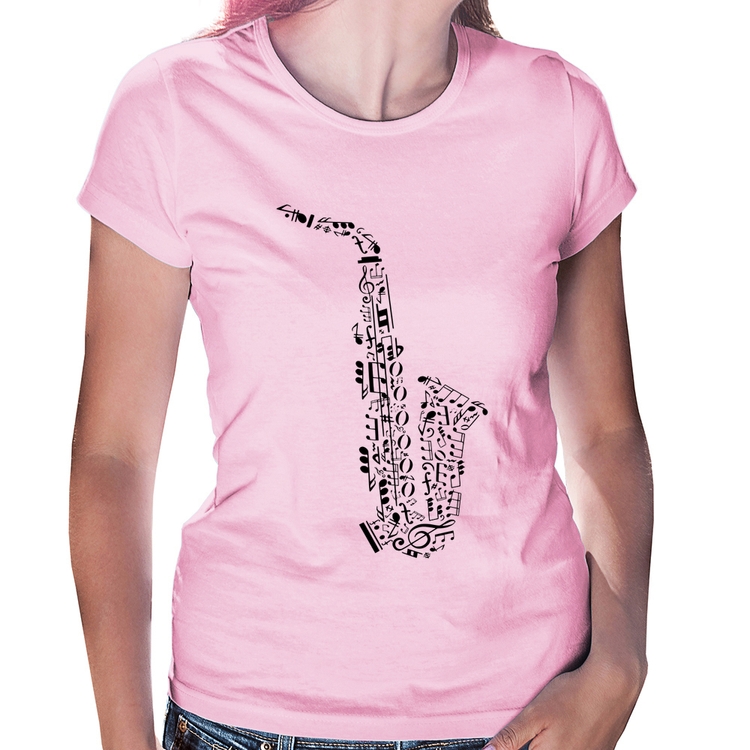 Baby Look Saxofone Notas Musicais - Rosa Bebê