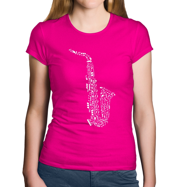 Baby Look Algodão Saxofone Notas Musicais - Rosa